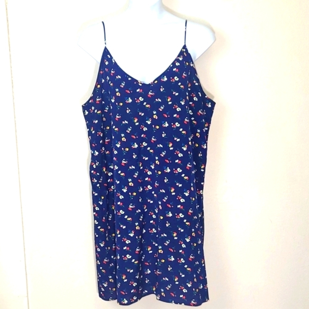 Babydoll Sundress navy blue contrast floral print v neck mini spaghetti straps